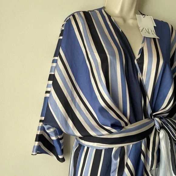 Zara Blue & White Striped Satin Wrap Skort Romper Small NWT - Picture 7 of 16